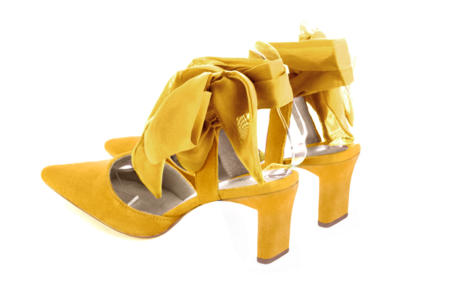 Yellow women's open back shoes, with an ankle scarf. Tapered toe. Medium spool heels. Rear view - Florence KOOIJMAN